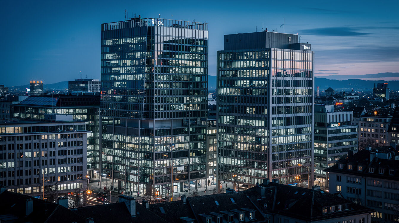 Swiss financial district with glass office towers at dusk